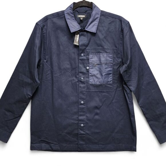 Express Shirt Mens Medium Navy Blue Snap‎ Up Cotton Long Sleeve NEW w/ Tag - Picture 1 of 16